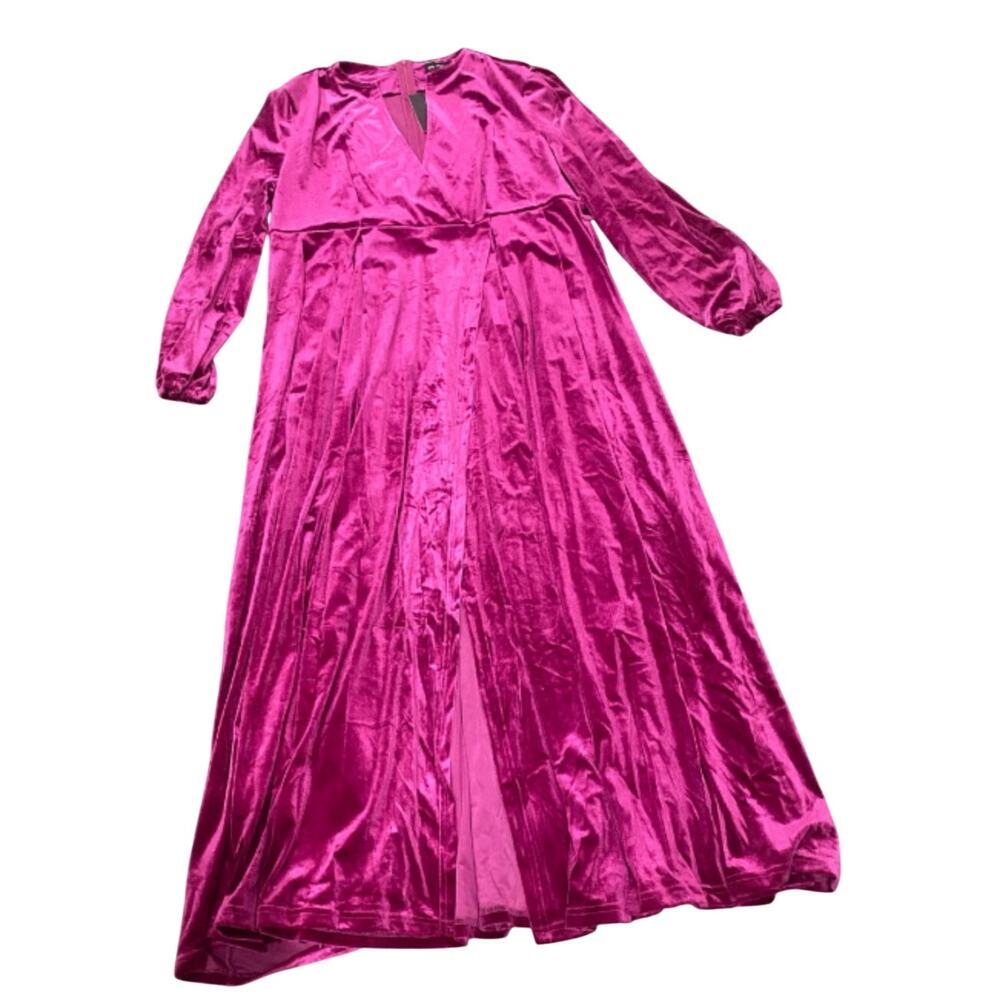 XPlusWear V-Neck Long Sleeve Velvet Maxi Dress in Magenta, Size XL​